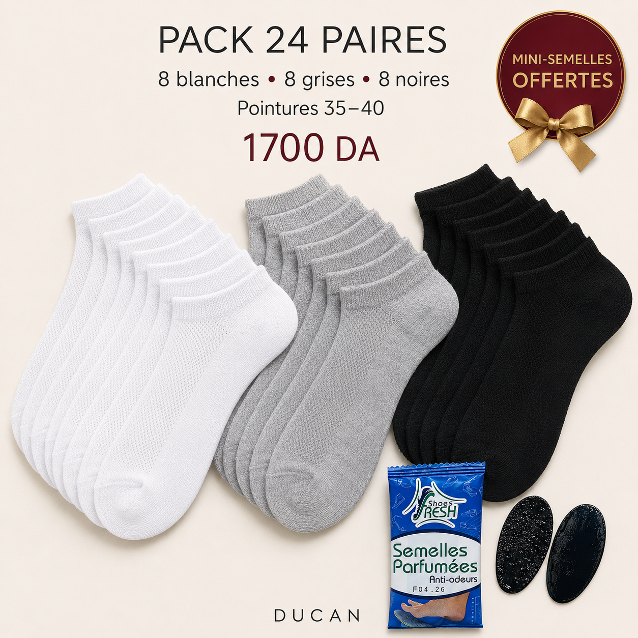 Socquette femme - pack 24 paires avec mini-semelles offertes